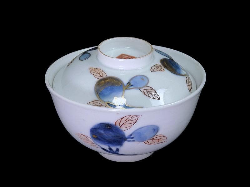 古伊万里　染錦　茄子の図　蓋茶碗　AS-DCa