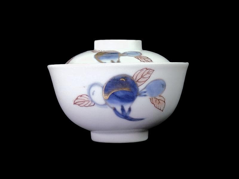 古伊万里　染錦　茄子の図　蓋茶碗　AS-DCa