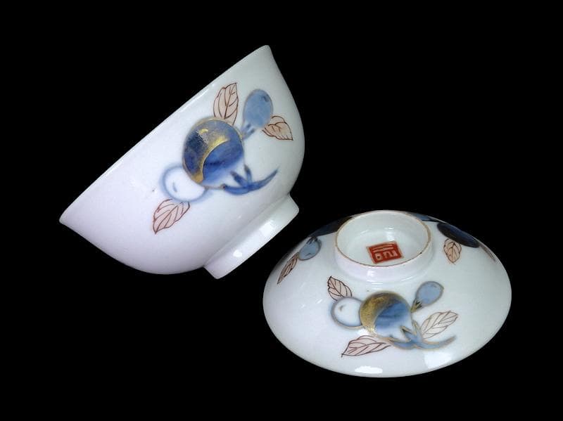 古伊万里　染錦　茄子の図　蓋茶碗　AS-DCa