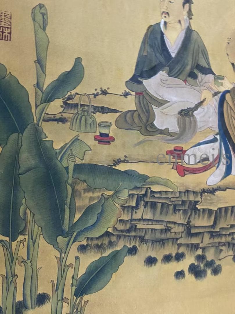 中国古美術 五代 周文矩款 人物図 掛軸 絹布 唐物 古画 書画 名家筆 水彩画