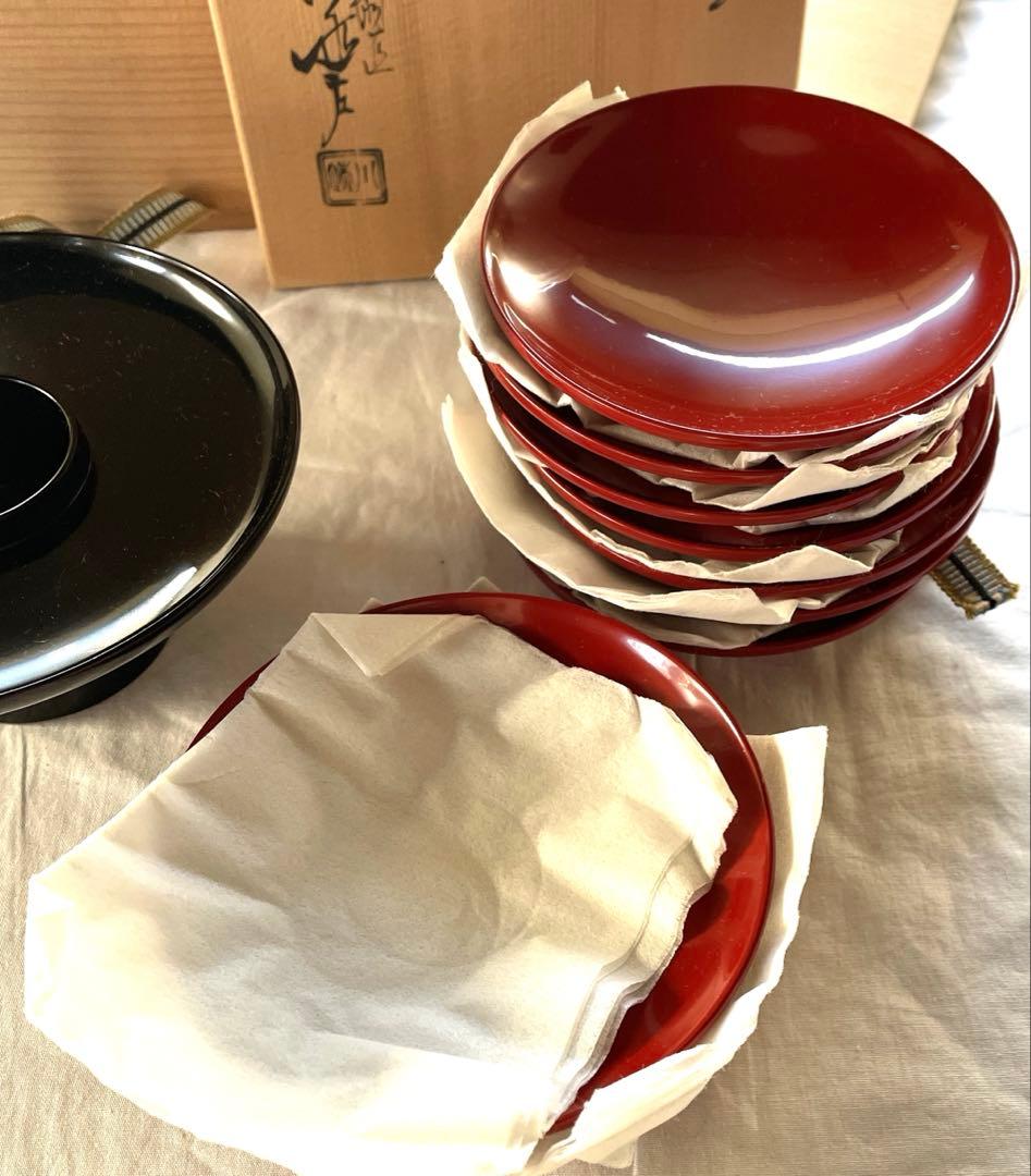 川端近左　利休形　朱引盃共盃台　十客　表千家 茶道具　共箱　美品