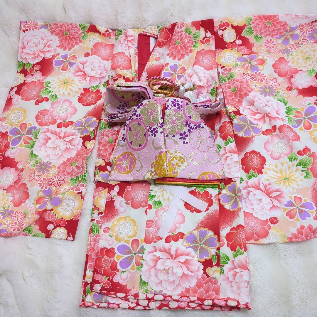 式部浪漫七五三 着物セット 赤とピンク 花柄