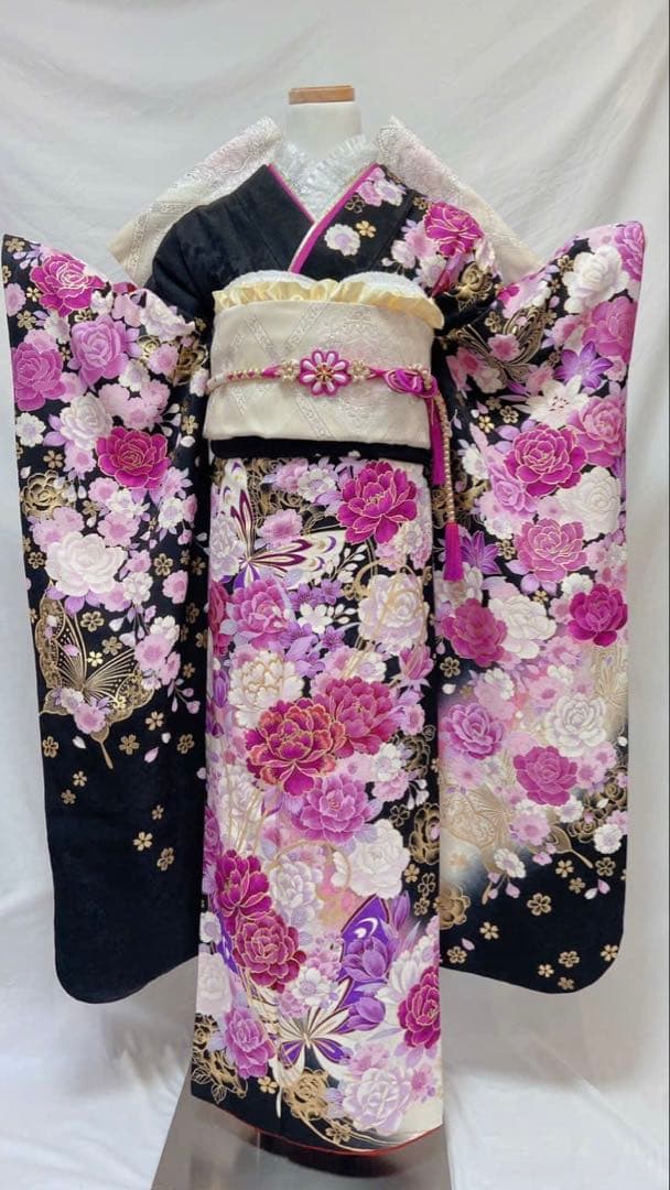 黒地 バラ柄　振袖 成人式　振袖7点セット　振袖フルセット　成人式