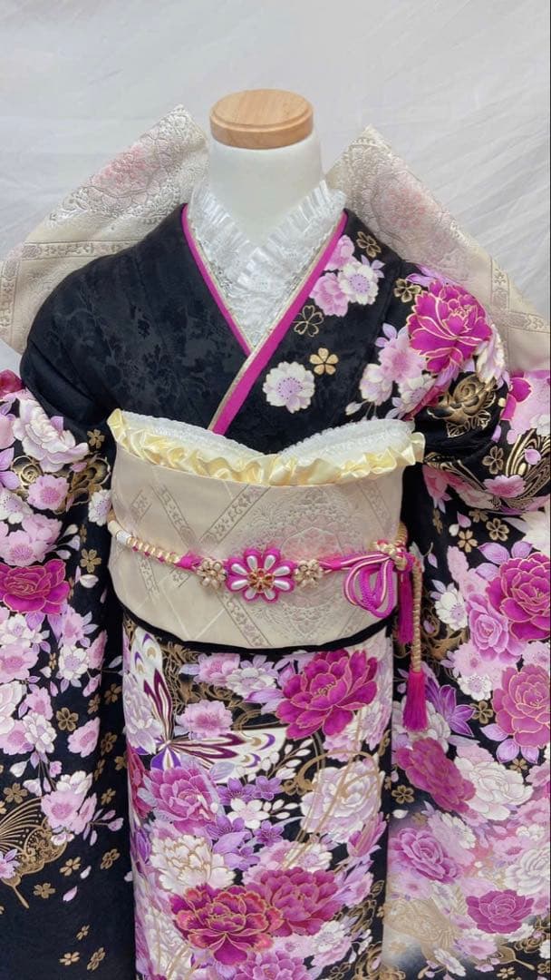 黒地 バラ柄　振袖 成人式　振袖7点セット　振袖フルセット　成人式