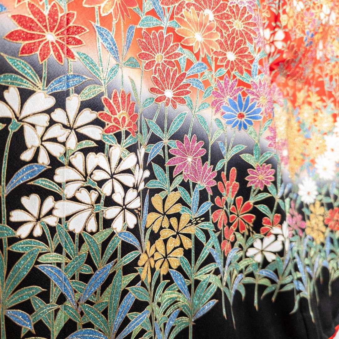 R7SK1289 引き振袖 大振袖 赤 ゴールド 豪華 ラメ 花 シルク 着物