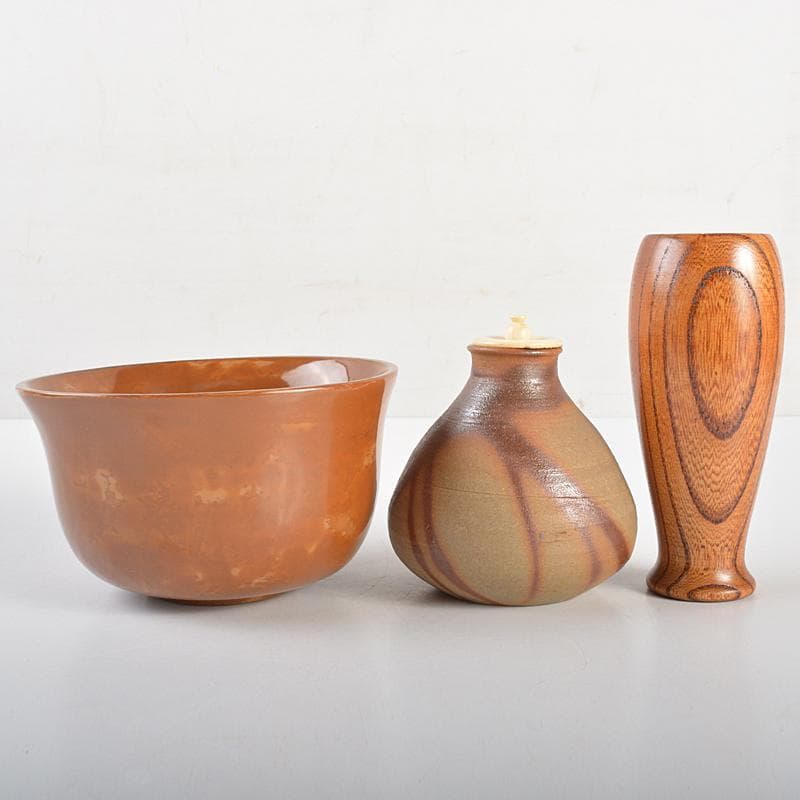 茶道具　黒漆　四君子蒔絵　茶箱　茶碗　茶入など　四点一式　仕覆付　V　R7344