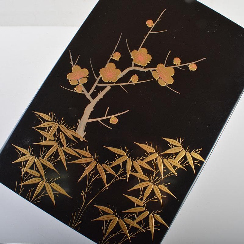 茶道具　黒漆　四君子蒔絵　茶箱　茶碗　茶入など　四点一式　仕覆付　V　R7344