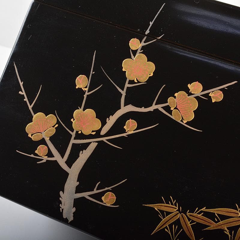 茶道具　黒漆　四君子蒔絵　茶箱　茶碗　茶入など　四点一式　仕覆付　V　R7344