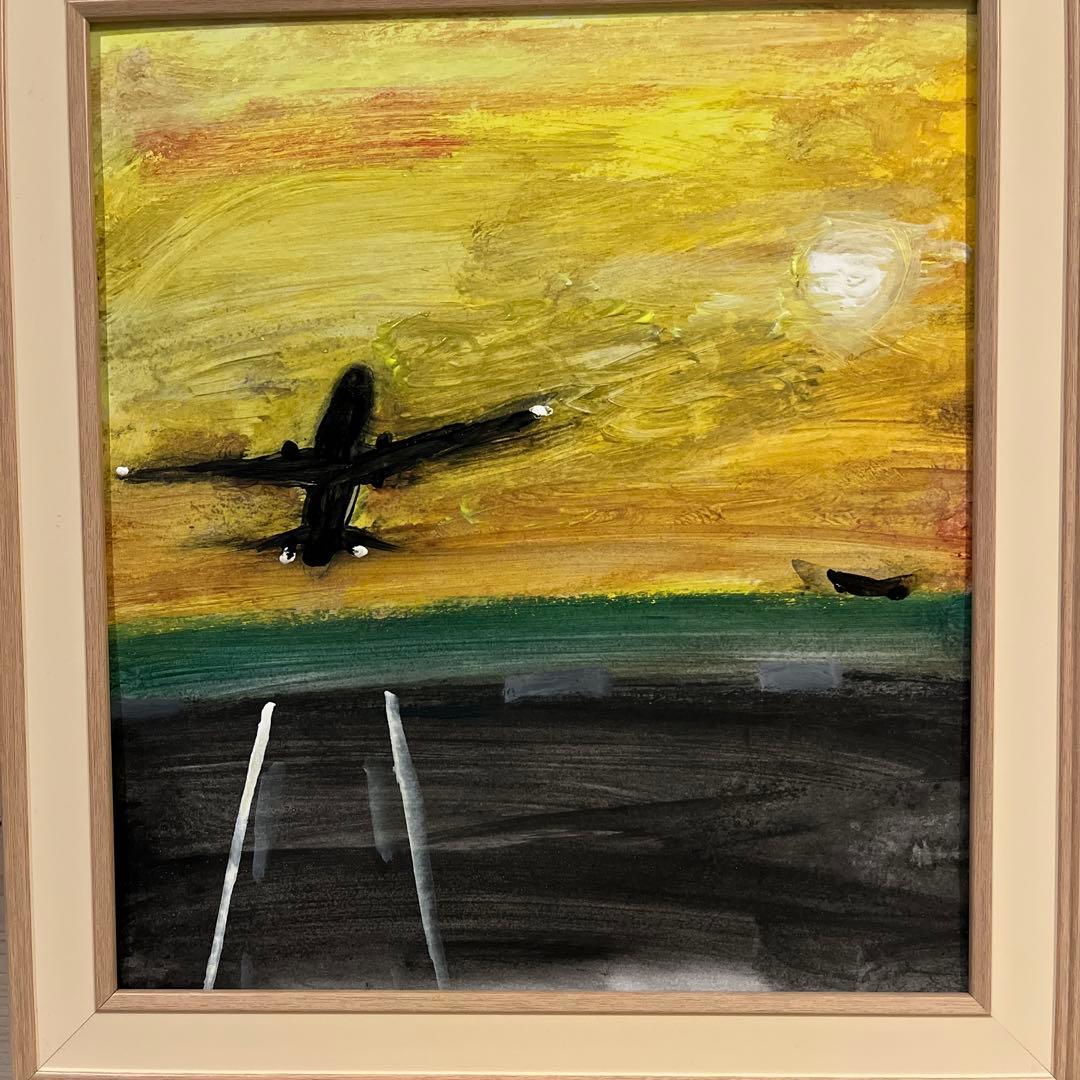 油彩画 飛行機の風景画 フレーム付き27cm25cm