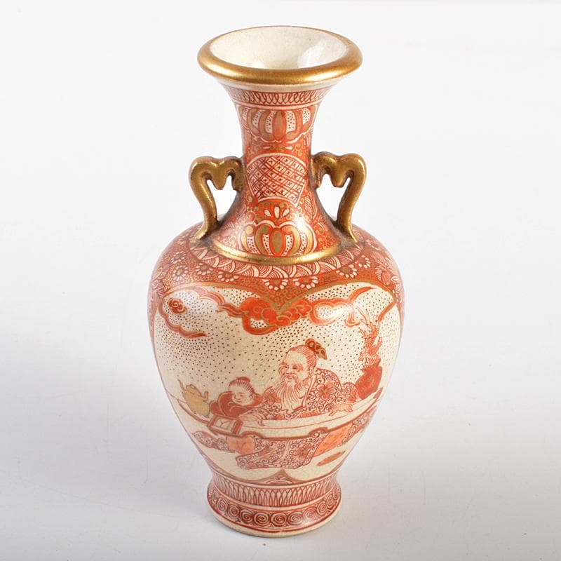 九谷焼　古九谷　吉光隆広（芳隆）造　赤絵金彩　人物文　双耳瓶　D　R7294