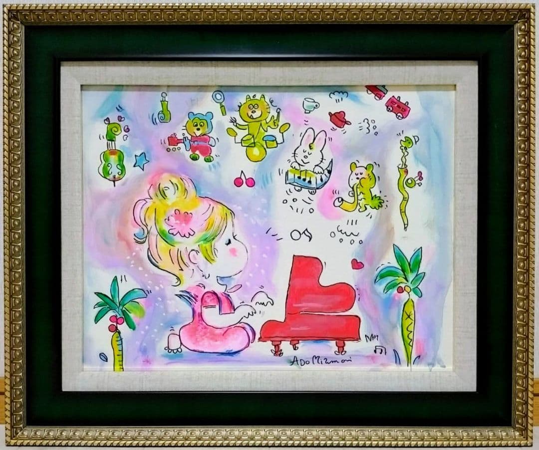 【F6号】水森亜土　手描き作品/表裏サイン・裏描き有/油彩/アクリル/額縁/額装