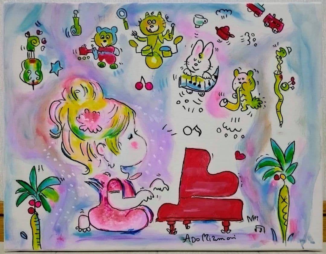 【F6号】水森亜土　手描き作品/表裏サイン・裏描き有/油彩/アクリル/額縁/額装