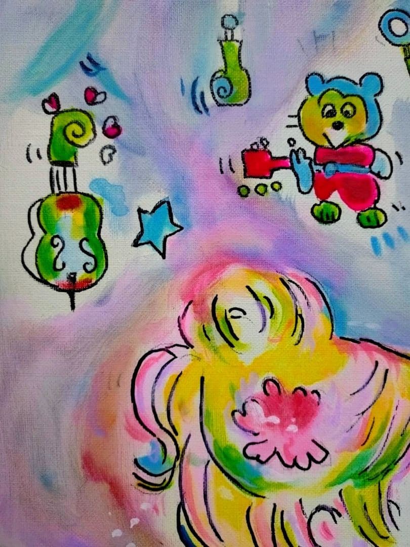 【F6号】水森亜土　手描き作品/表裏サイン・裏描き有/油彩/アクリル/額縁/額装