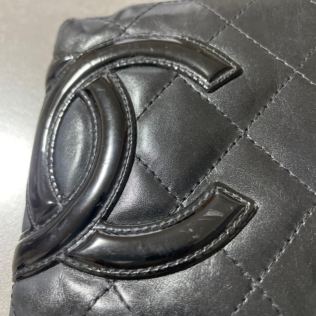 シャネル　カンボンライン　ラムスキン　がま口　折り財布　ブラック　ピンク