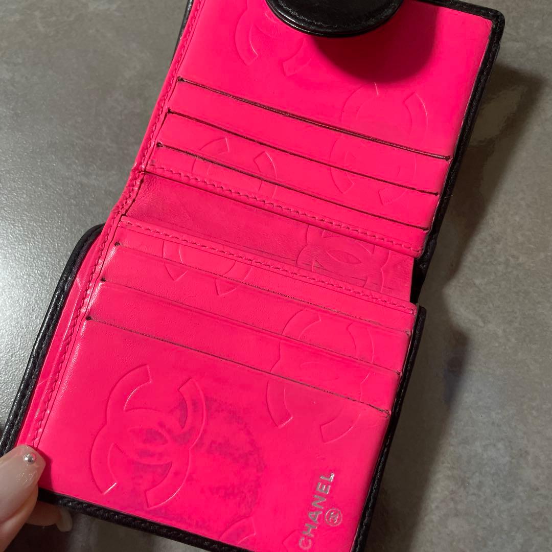 シャネル　カンボンライン　ラムスキン　がま口　折り財布　ブラック　ピンク