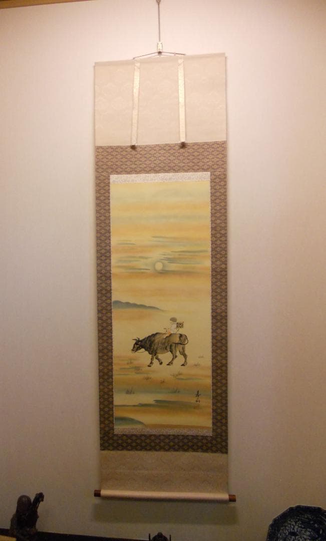 掛け軸 寿山 作『 牧童 』 絹本 希少 軸装 茶道具 掛軸 美品 です。