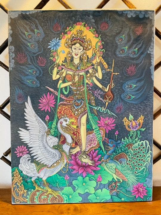 バリ絵画 縦80cm横60cm 額縁無 女神 鳥 孔雀 クジャク peacock