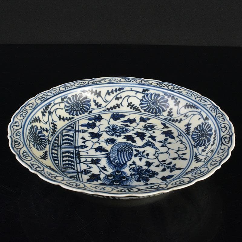 中国　青花　鳥纏枝花卉文盤　V　R6802E