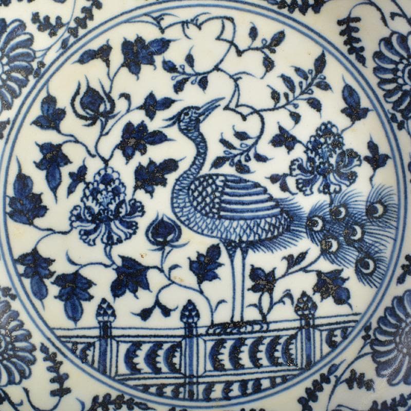 中国　青花　鳥纏枝花卉文盤　V　R6802E