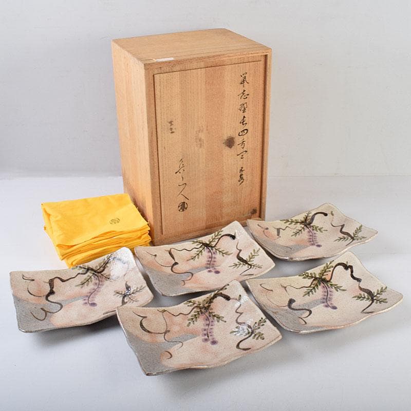 北大路魯山人作　鼠志野　四方皿　五客　共布　黒田陶々庵極め箱　M　R9064B