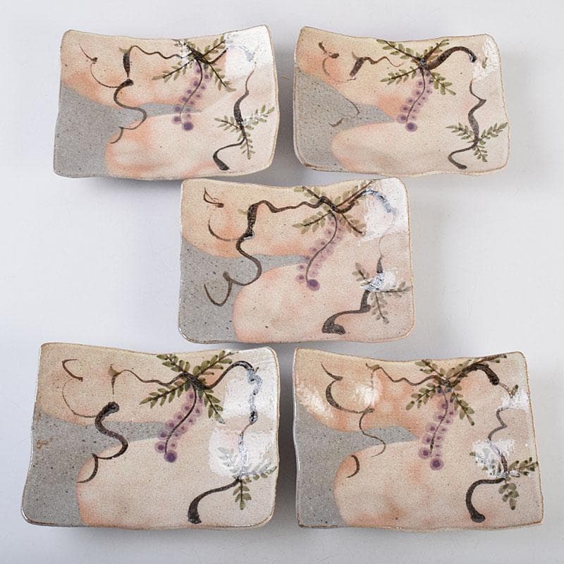 北大路魯山人作　鼠志野　四方皿　五客　共布　黒田陶々庵極め箱　M　R9064B