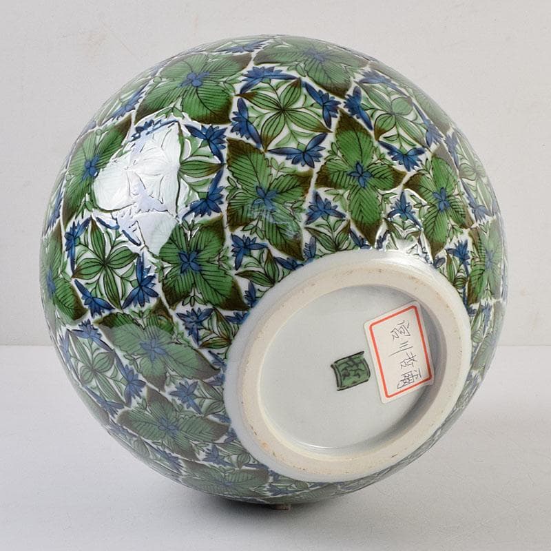 九谷焼　宮川哲爾造　色絵草花更紗文　壷　共布共箱　M　R9261H