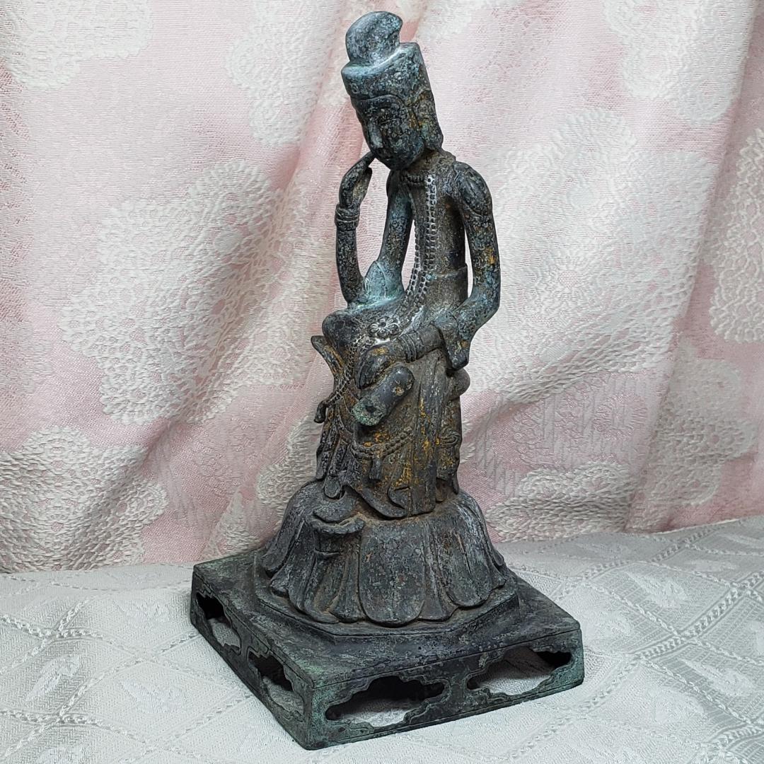 【博物館級】◆『方形台座金銅半跏思惟像』 百済仏 仏像◆検）天平仏 新羅仏 空海