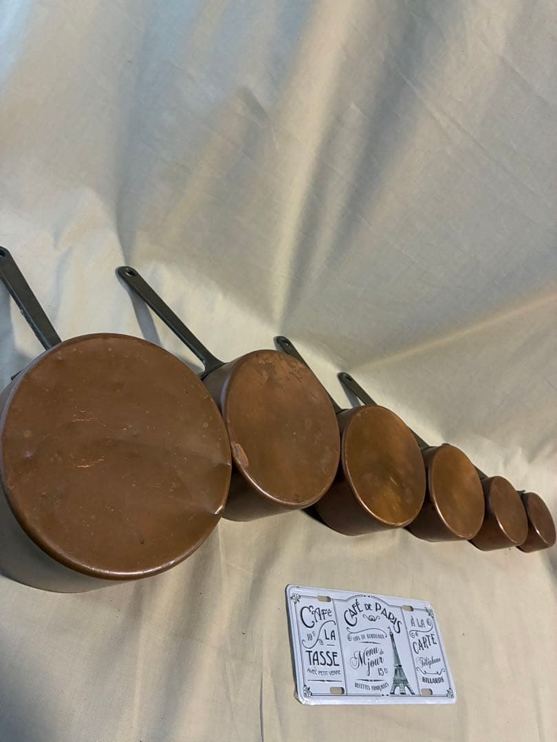 フランス アンティーク 壁掛け装飾に 軽い銅鍋6個セットコッパー 片手鍋 真鍮
