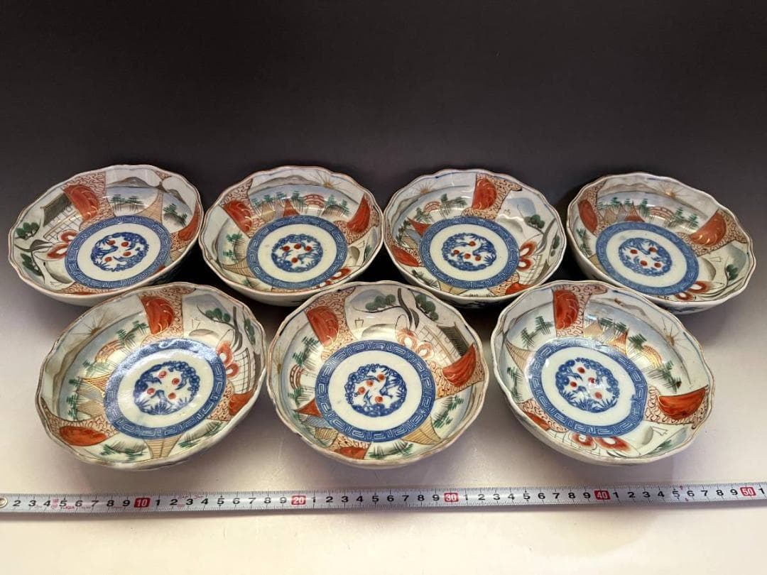 皿■伊万里赤絵膾鉢 なます皿 7客（明治期）山城 松竹梅 手描き印判 蛇の目高台