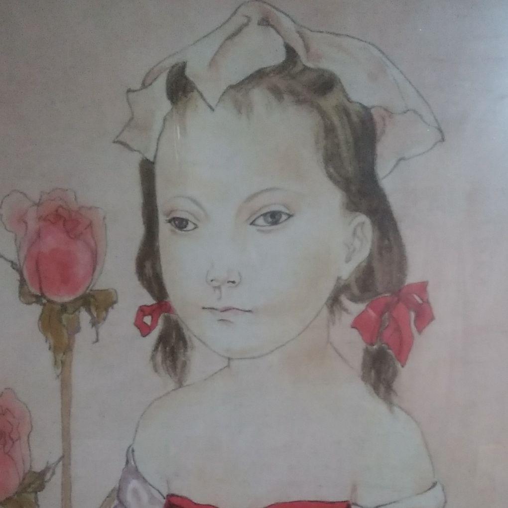 バラと少女 パステル画