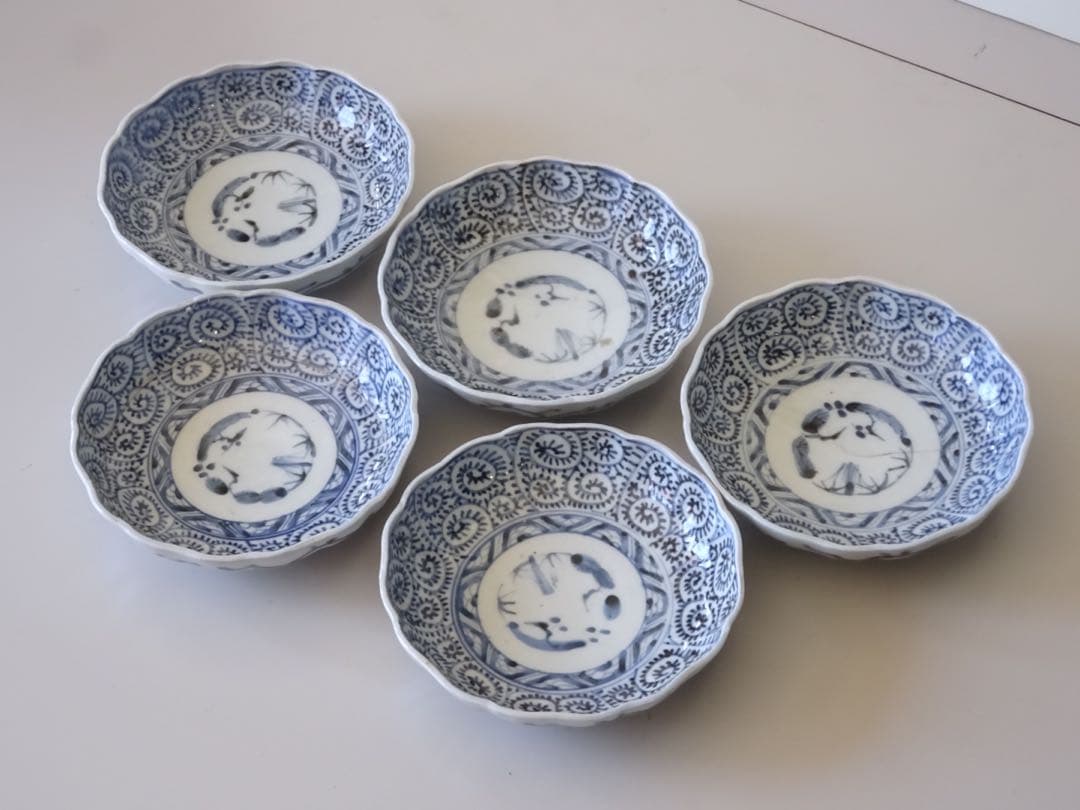 江戸時代　後期　古伊万里　松竹梅　蛸唐草文　膾皿　5客　なます皿　向付　取皿