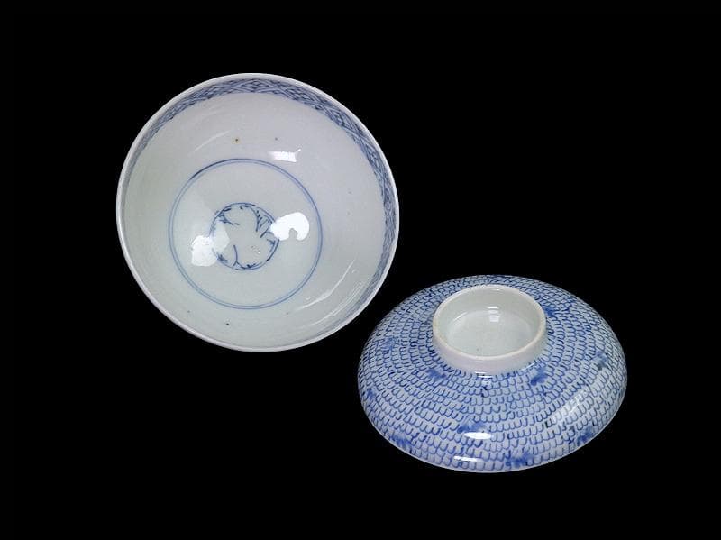 古伊万里　染付　微塵唐草の図　蓋茶碗　２客　C556AS-CWk