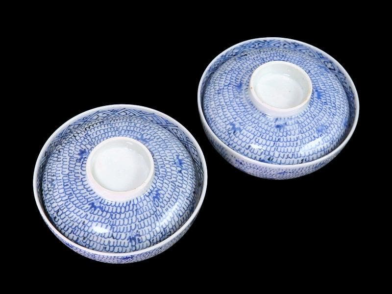 古伊万里　染付　微塵唐草の図　蓋茶碗　２客　C556AS-CWk