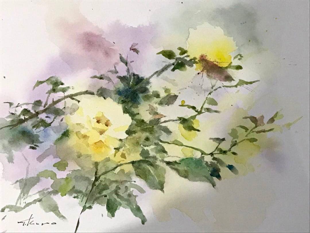 黒川達也　「黄薔薇」 水彩画　真作　宮永岳彦師事　シートの状態　額無し