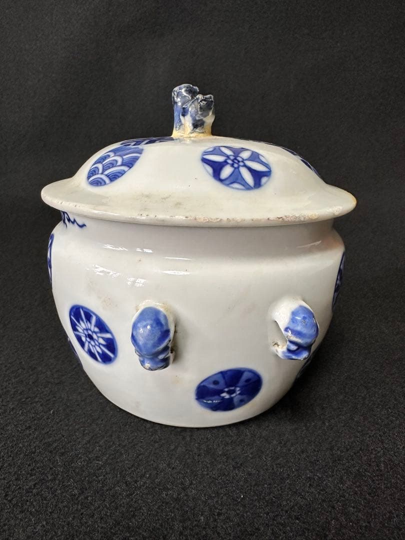 中国美術 清時代 古染付 獅子摘 玉図 蓋物 水指 茶道具 古陶磁