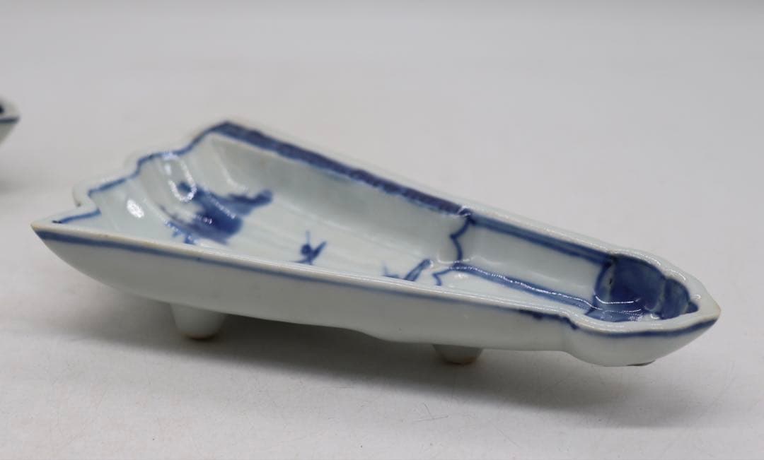 古染　半開き扇子型向付5点　山水人物紋　足付　送料込み251002