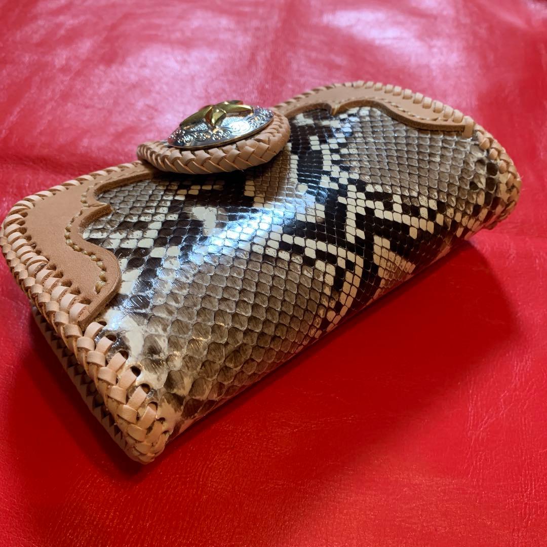 ハンドメイドレザークラフトダイヤモンドパイソンミドルウォレット財布　カードケース