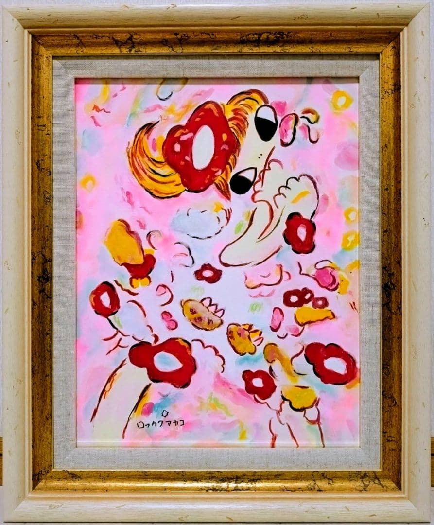 【F6号】ロッカクアヤコ　手描き作品/表裏サイン・裏描き有/油彩/アクリル/額縁
