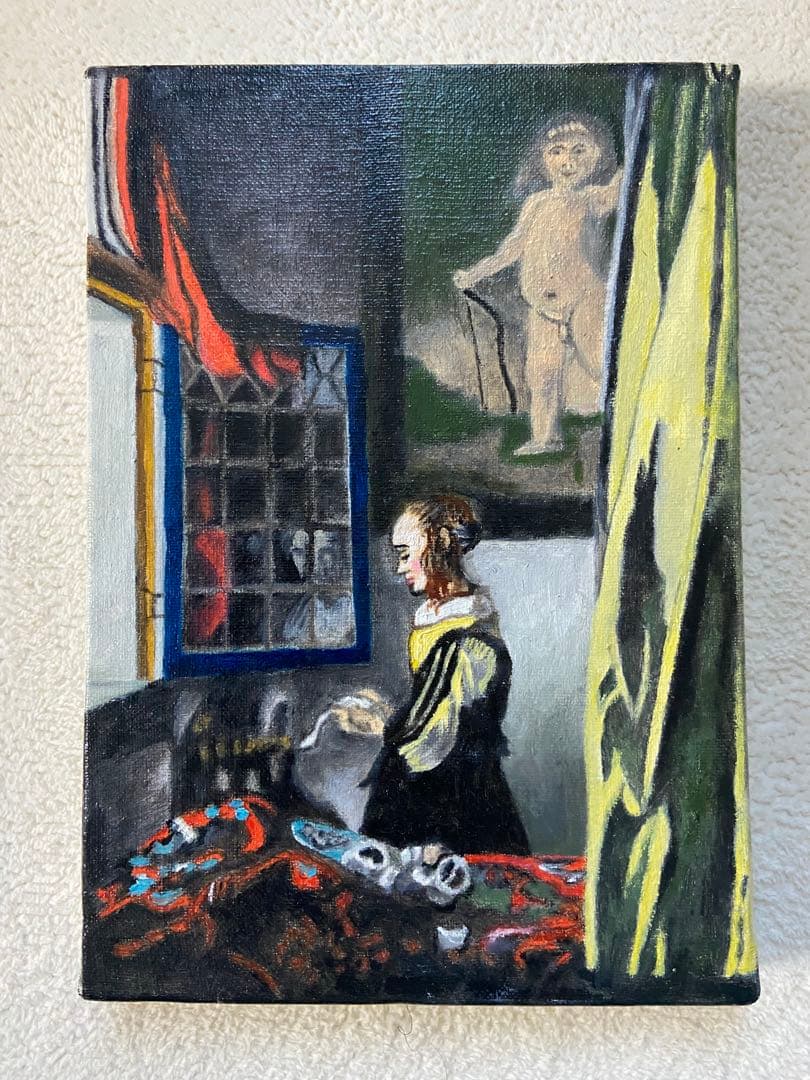 フェルメール　肉筆手描きの油絵模写画　窓辺で手紙を読む女