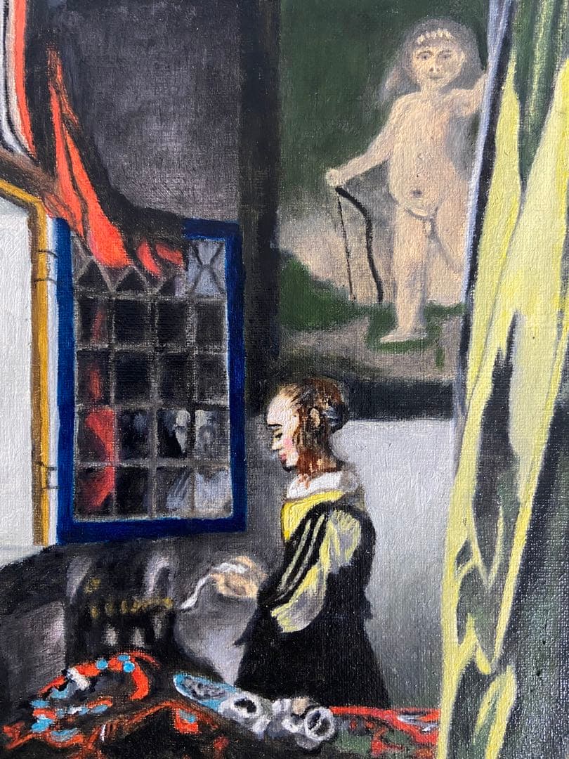 フェルメール　肉筆手描きの油絵模写画　窓辺で手紙を読む女