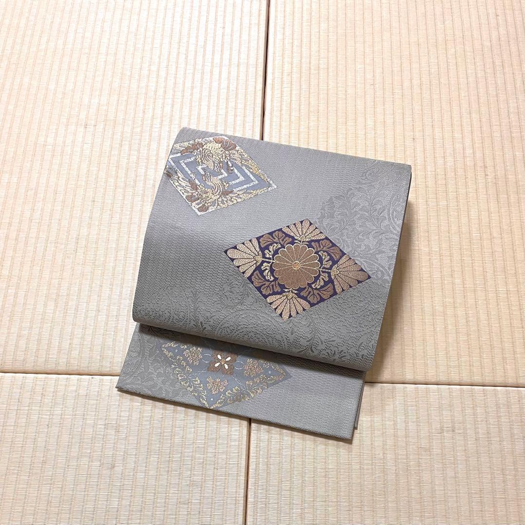 銀鼠色 美しい織り 袋帯