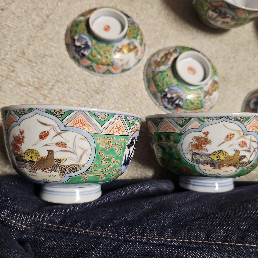 幕末明治 丸福 伊万里染錦蓋付き茶碗 五客 セット