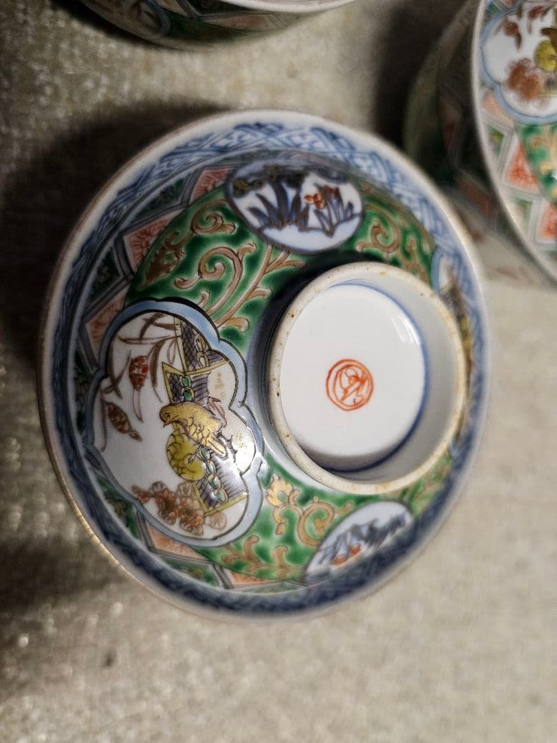 幕末明治 丸福 伊万里染錦蓋付き茶碗 五客 セット
