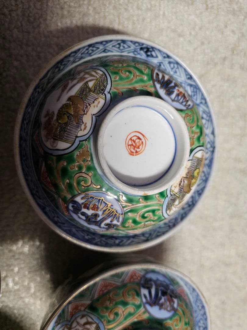 幕末明治 丸福 伊万里染錦蓋付き茶碗 五客 セット