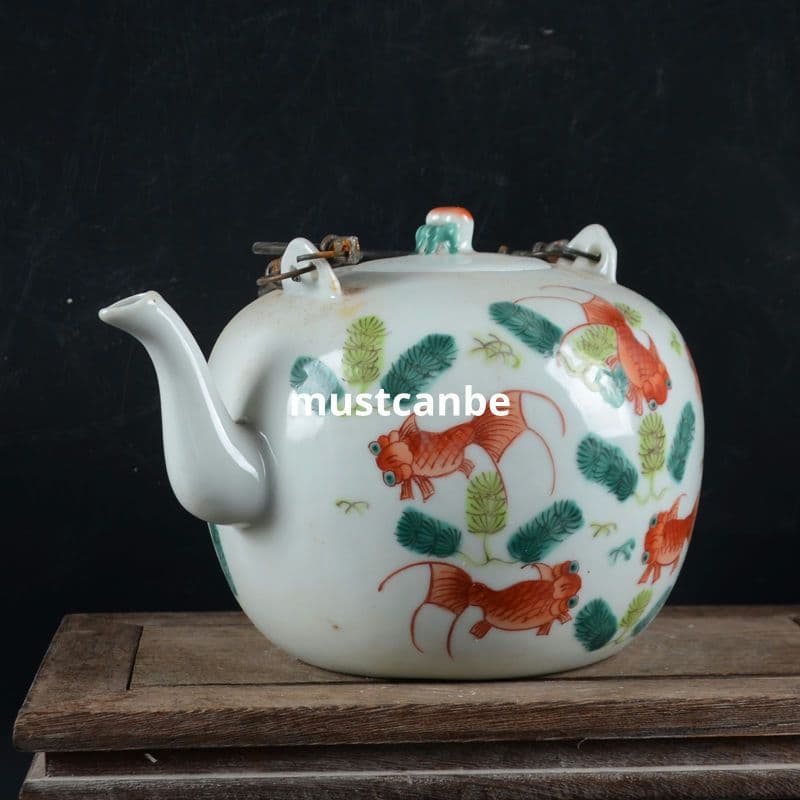 手画パステル金魚壺 提梁壺 茶壺 景徳鎮 陶磁器 煎茶器 現代工芸品 置物