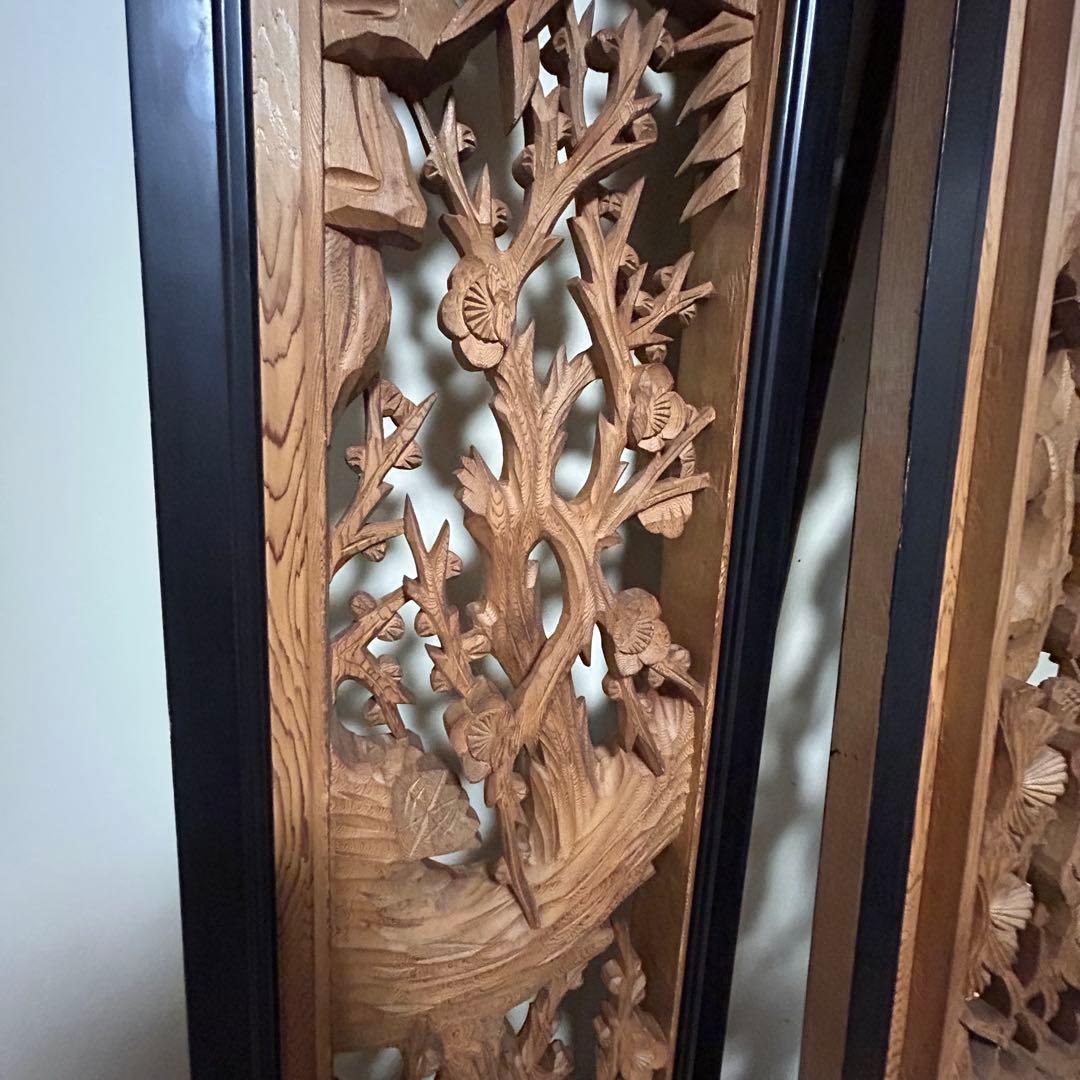 欄間　屋久杉　高級材笹杢　松竹梅　2枚　銘有り　伝統工芸　木彫り　古民家