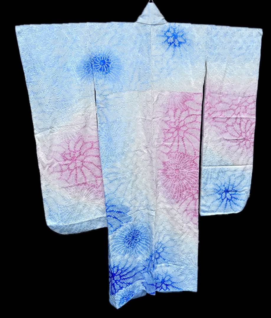 総絞り高級振袖　重ね衿付き　身丈 160cm　裄丈 67cm 青水色ピンク花柄