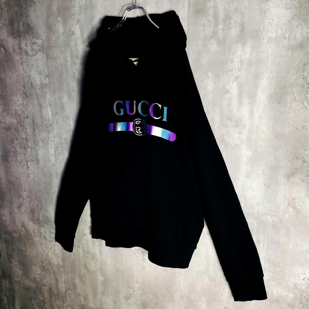 19SS★グッチ オーロラレインボーロゴ インターロッキングG パーカー 黒 L