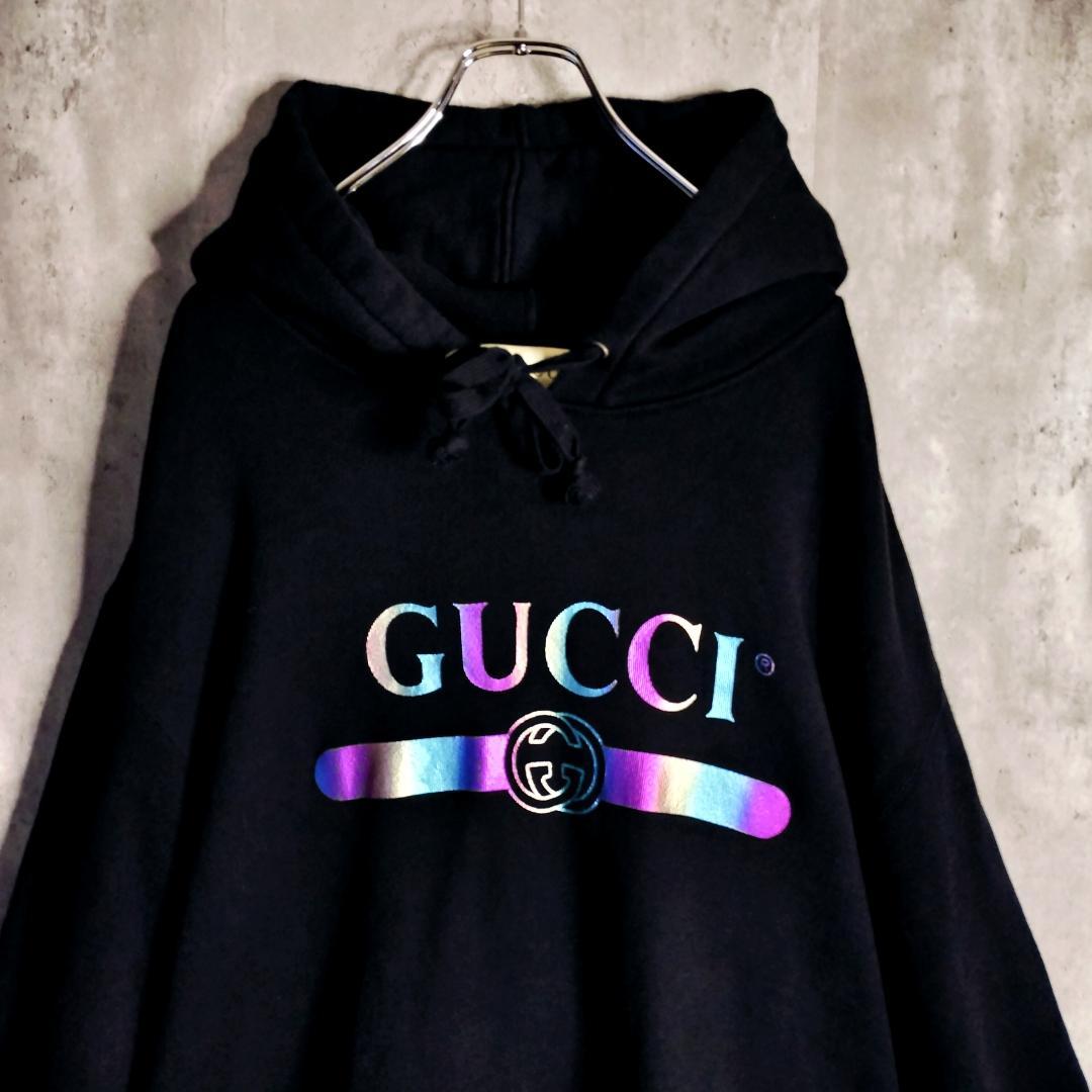 19SS★グッチ オーロラレインボーロゴ インターロッキングG パーカー 黒 L