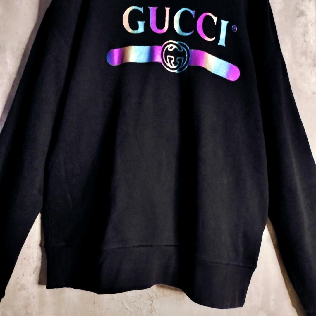 19SS★グッチ オーロラレインボーロゴ インターロッキングG パーカー 黒 L